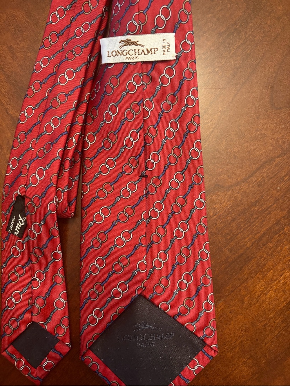 Vintage Longchamp Paris Red Silk Tie Equestrian Horsebit Chain Pattern